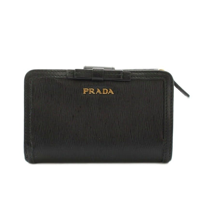 Prada Bifold Wallet Compact Leather Ribbon Motif Black YM