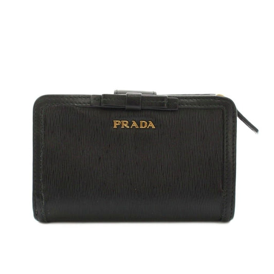 Prada Bifold Wallet Compact Leather Ribbon Motif Black YM