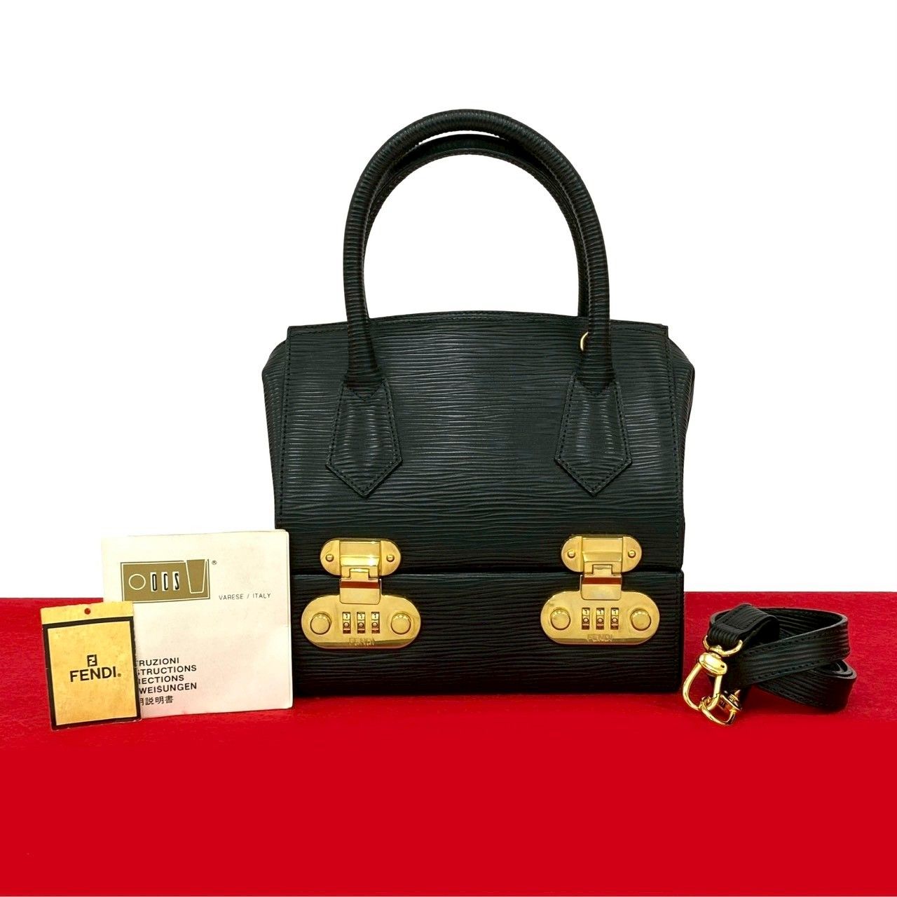 Fendi Logo Epi Leather 2-Way Vanity Makeup Box Shoulder Bag Black
