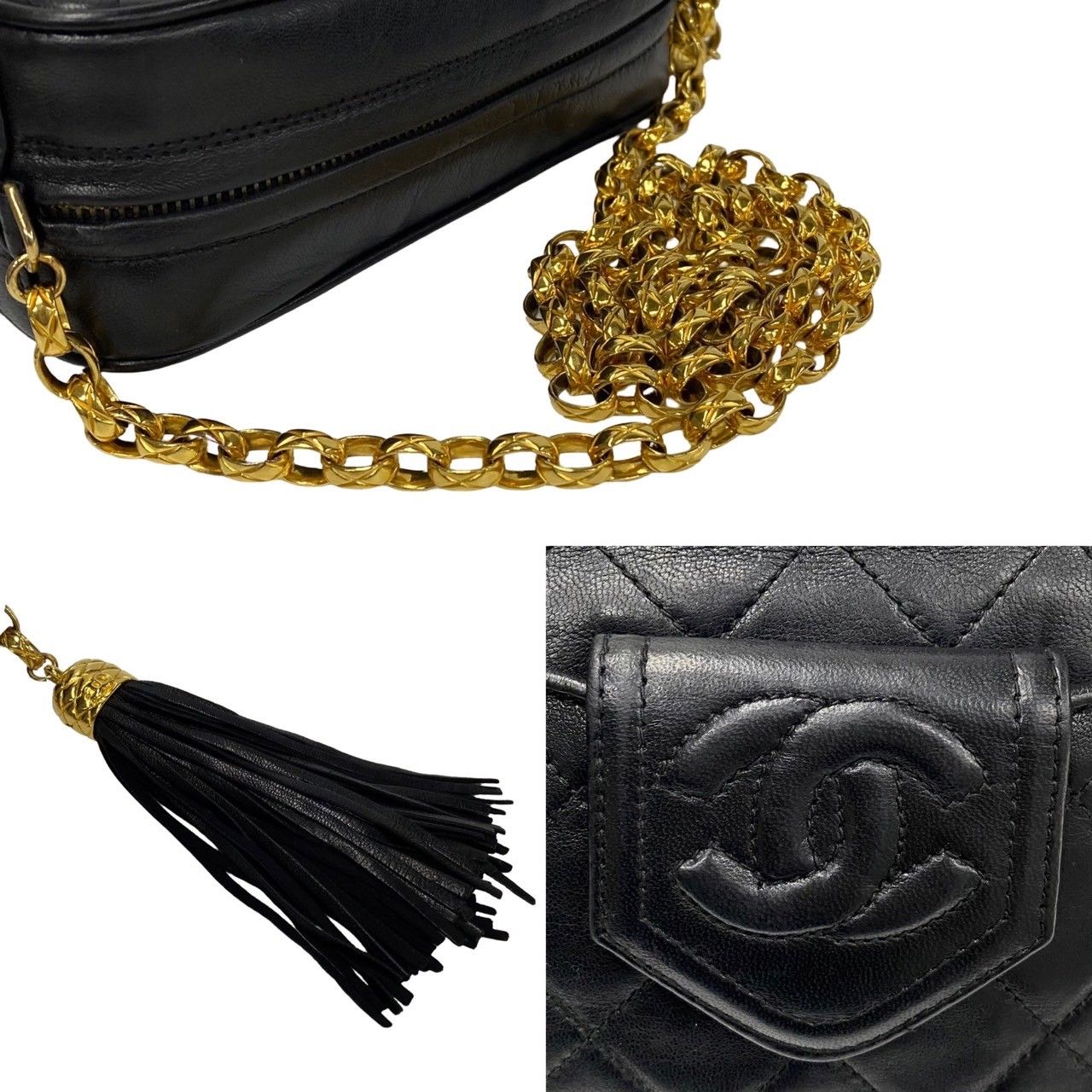 Chanel Box Quilted Lambskin Leather Fringe Chain Shoulder Bag Black — view 4