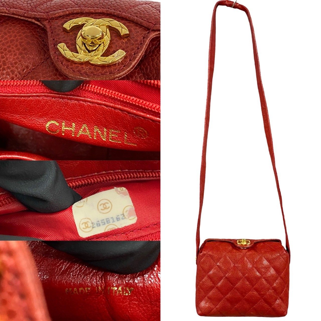 Chanel Card Seal Quilted CC Logo Caviar Leather Shoulder Bag Pochette Red — view 3