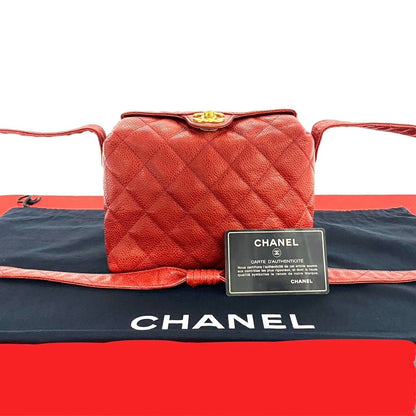 Chanel Card Seal Quilted CC Logo Caviar Leather Shoulder Bag Pochette Red