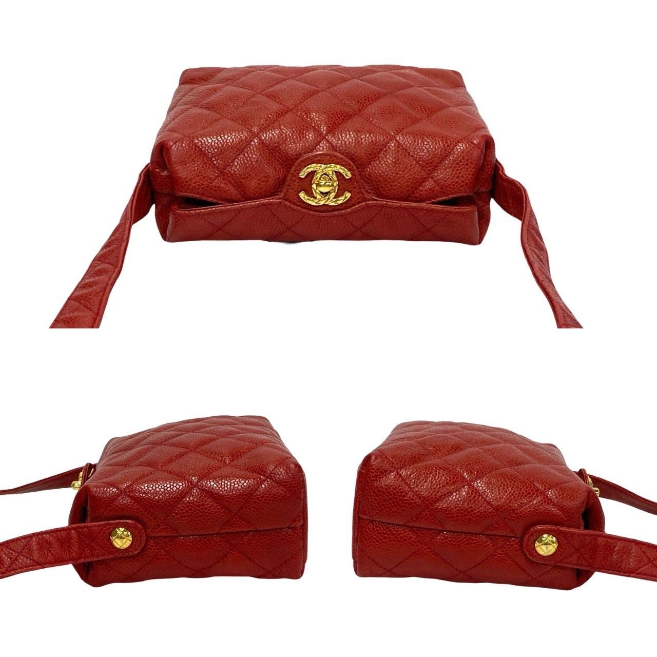 Chanel Card Seal Quilted CC Logo Caviar Leather Shoulder Bag Pochette Red — view 5