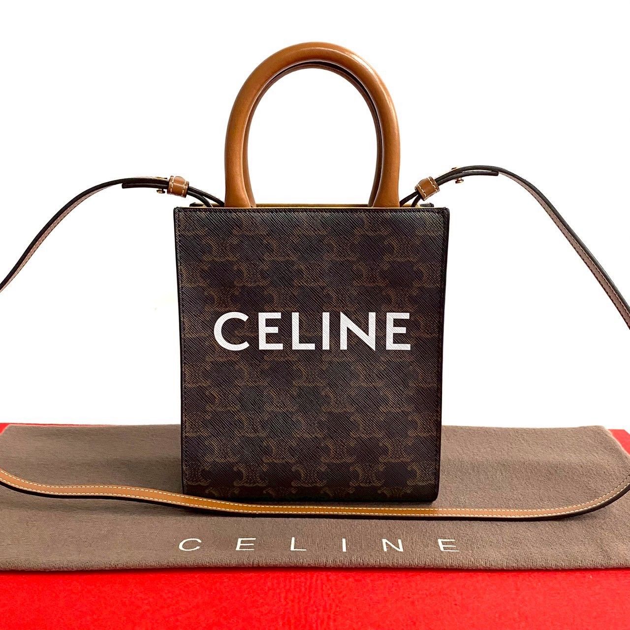 Celine Vertical Cover Mini Leather 2-Way Mini Tote Shoulder Bag Brown