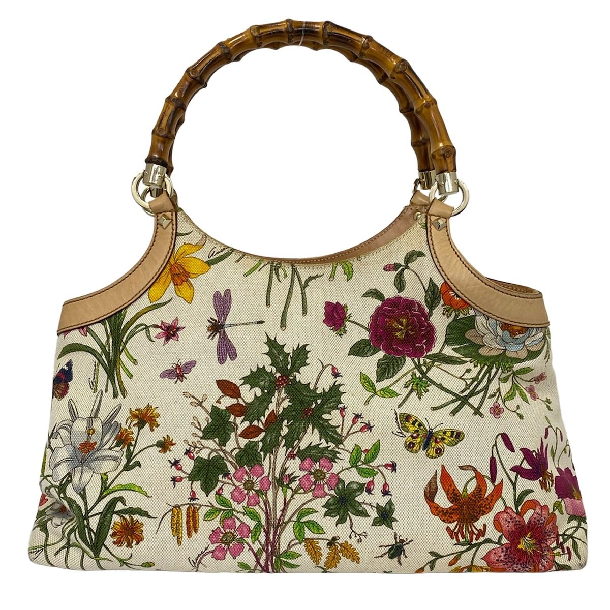 Gucci Tote Flora Bamboo Ivory Dark Green Multi Leather