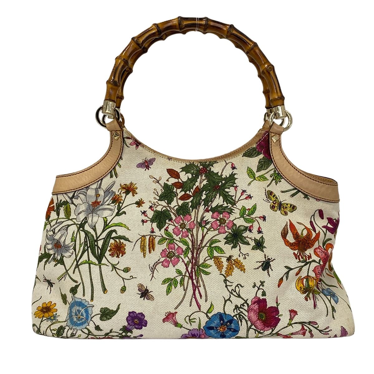 Gucci Tote Flora Bamboo Ivory Dark Green Multi Leather — view 3