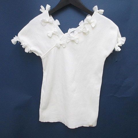 Chanel French Sleeve Knit Top CC Mark CC Logo 38 White Ribbon Motif Rib Sweater