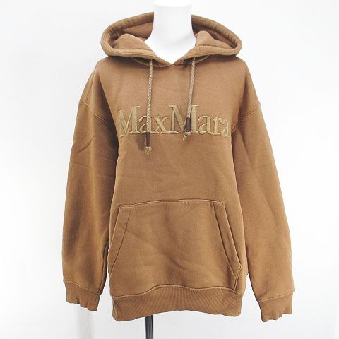 Max Mara S 'S Logo Embroidery Pullover Hoodie M Brown Kangal Pocket Brushed