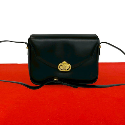 Celine Vintage Triomphe Logo Leather Shoulder Bag Pochette Black