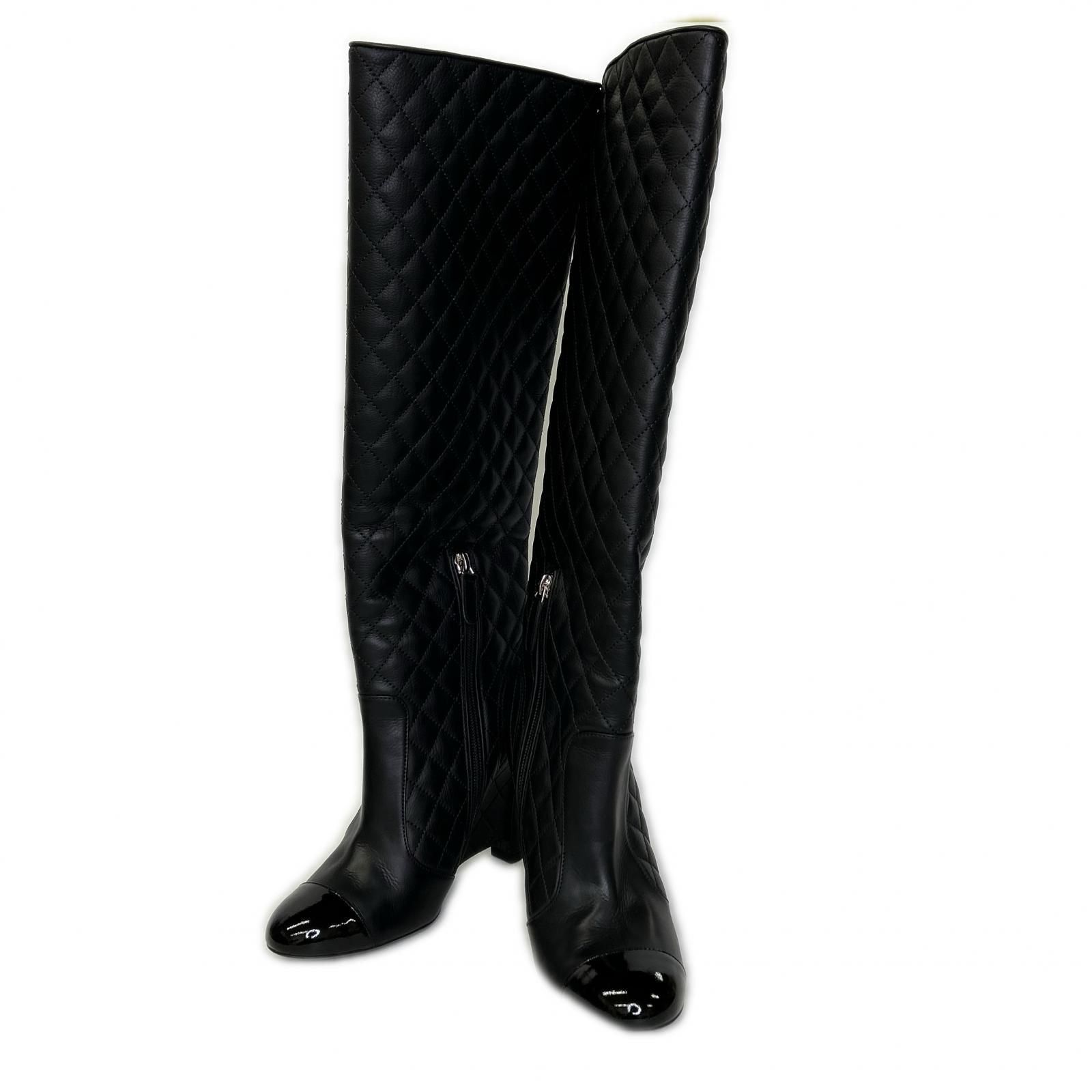 Chanel CC Logo Patent Toe Quilted Long Boots 36 1 2C