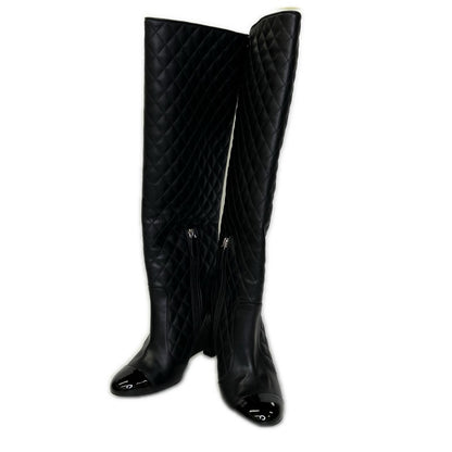 Chanel CC Logo Patent Toe Quilted Long Boots 36 1 2C