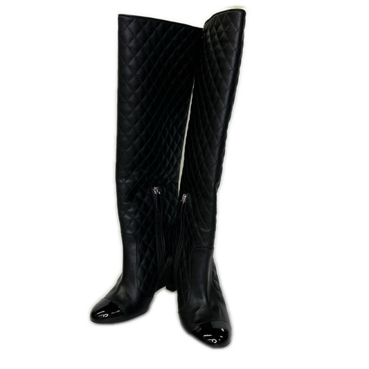 Chanel CC Logo Patent Toe Quilted Long Boots 36 1 2C