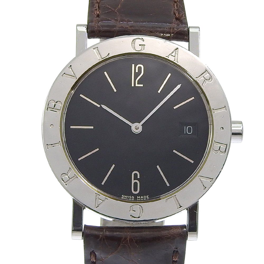 Bvlgari Stainless Steel Leather Quartz Analog Display Black Dial Watch