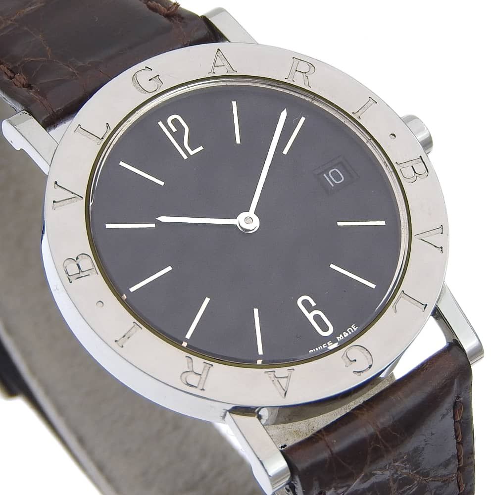 Bvlgari Stainless Steel Leather Quartz Analog Display Black Dial Watch — view 3