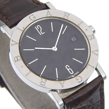 Bvlgari Stainless Steel Leather Quartz Analog Display Black Dial Watch — view 3