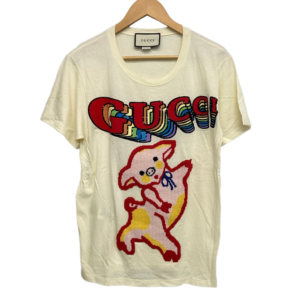 Gucci Short Sleeve T-Shirt XS Ivory Light Pink Multi Crew Neck Embroidery