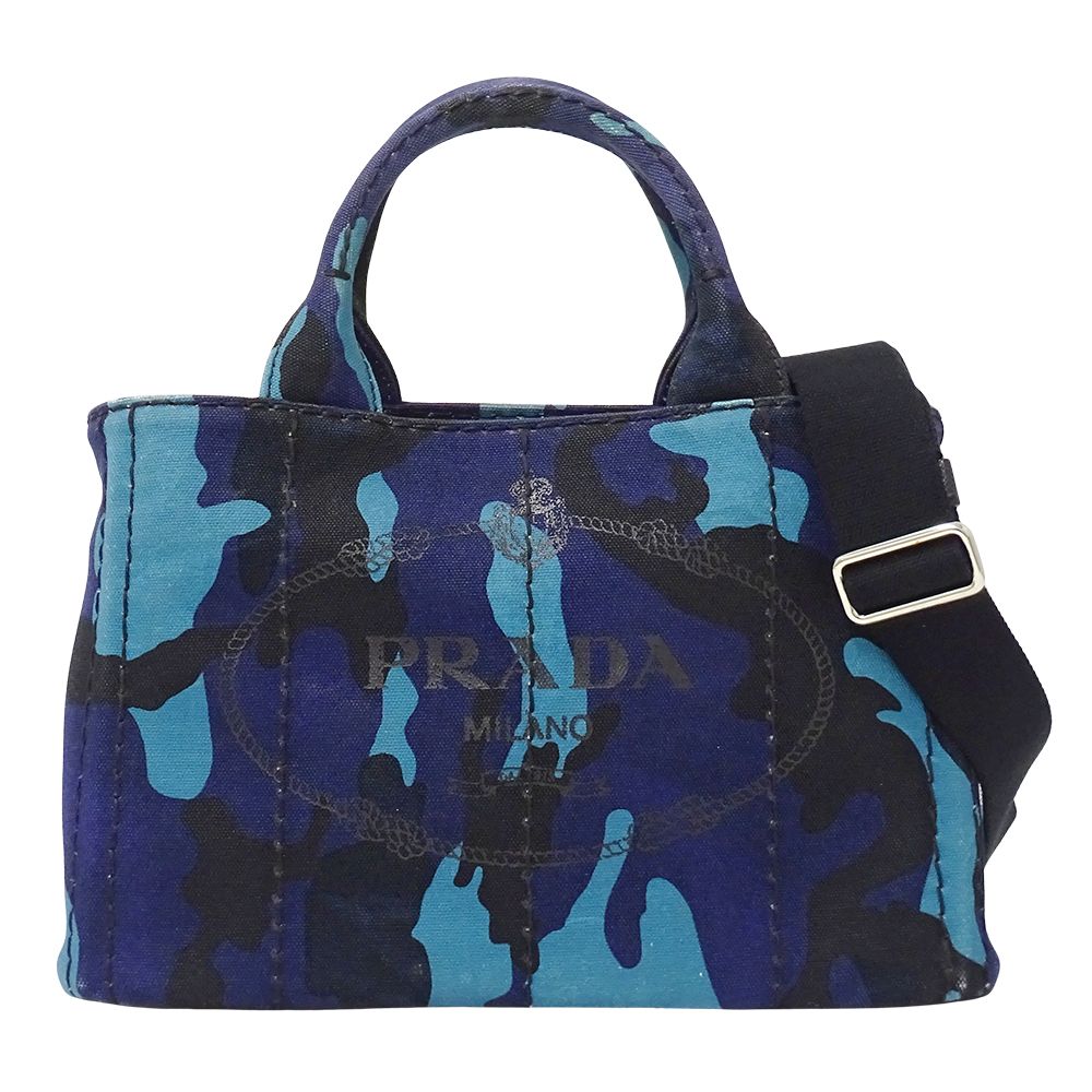 Prada Tote 2-Way Shoulder Bag Canapa Mini Canvas Navy Camouflage