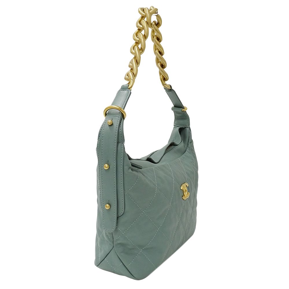 Chanel Quilted Shoulder Bag Leather Green Gold Chain — view 4