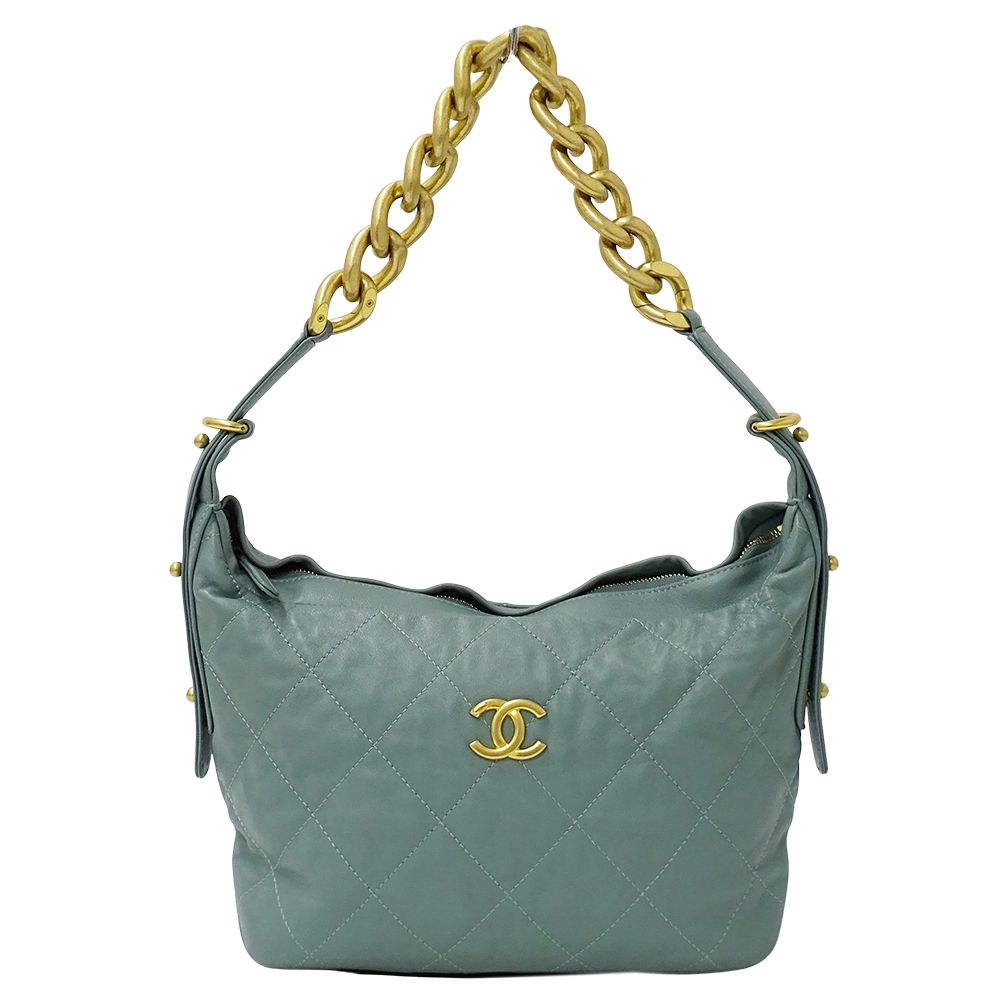 Chanel Quilted Shoulder Bag Leather Green Gold Chain