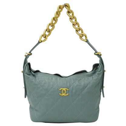 Chanel Quilted Shoulder Bag Leather Green Gold Chain