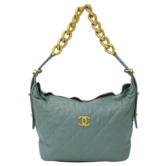 Chanel Quilted Shoulder Bag Leather Green Gold Chain
