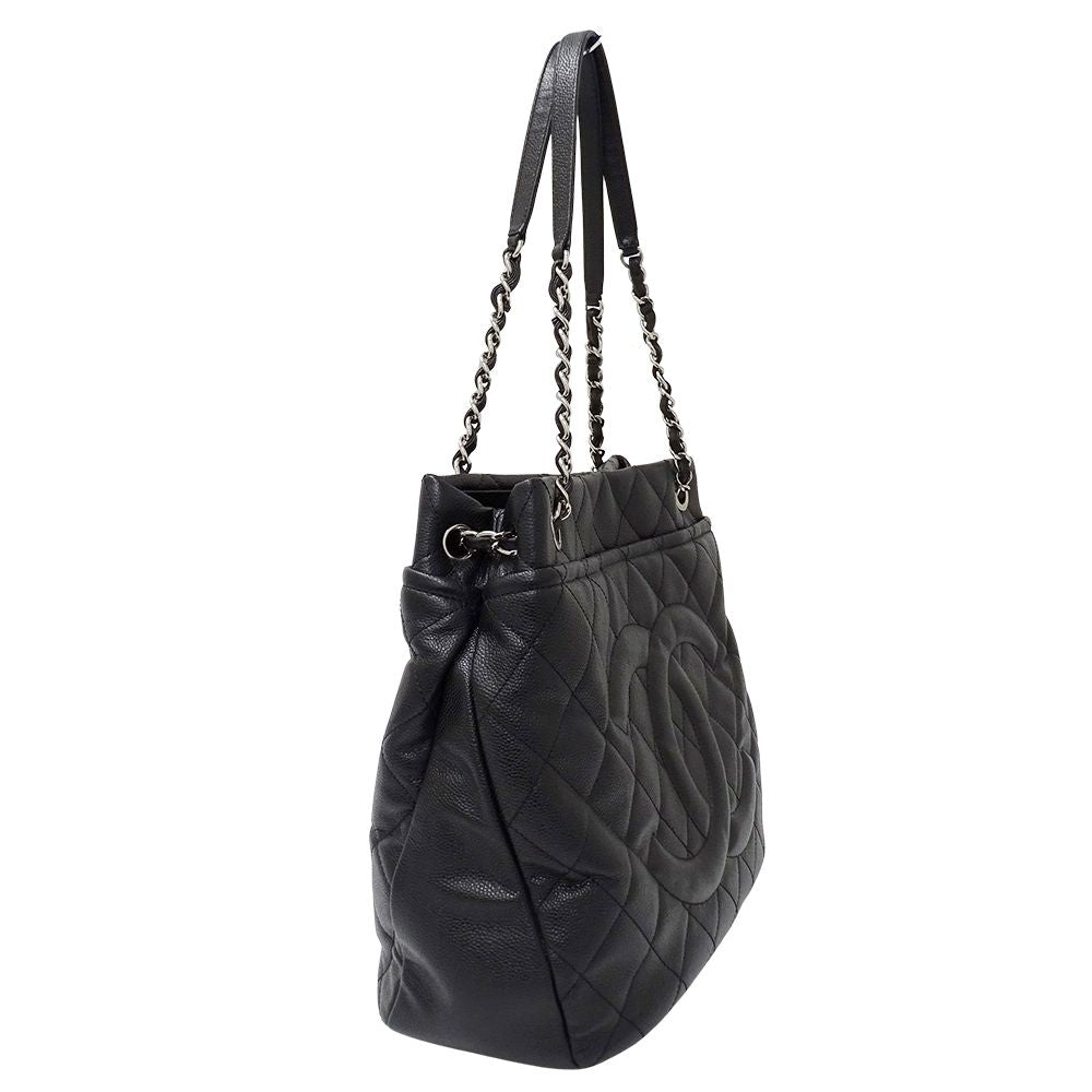 Chanel Quilted Tote Caviar Leather Black Silver Chain Large — view 4