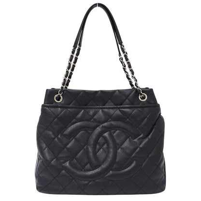 Chanel Quilted Tote Caviar Leather Black Silver Chain Large