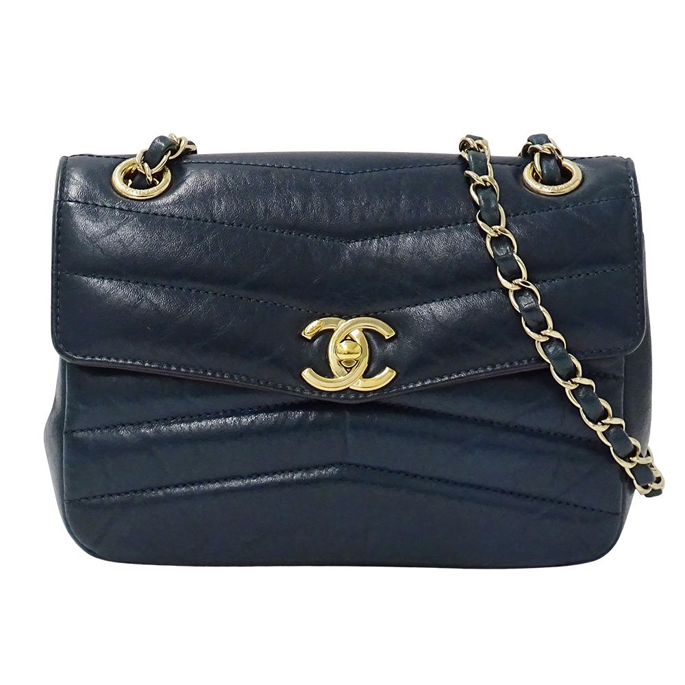 Chanel Shoulder Bag Leather Blue Green Gold Chain