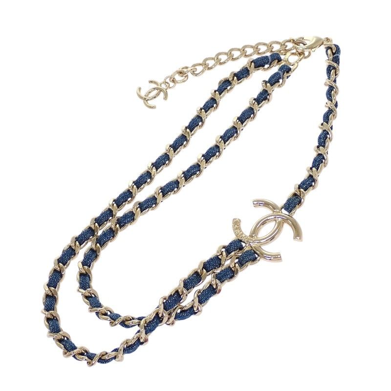 Chanel CC Denim Chain Necklace Metal Gold Blue CC Logo — view 7