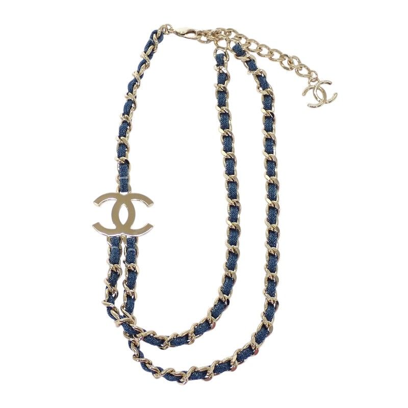 Chanel CC Denim Chain Necklace Metal Gold Blue CC Logo — view 5