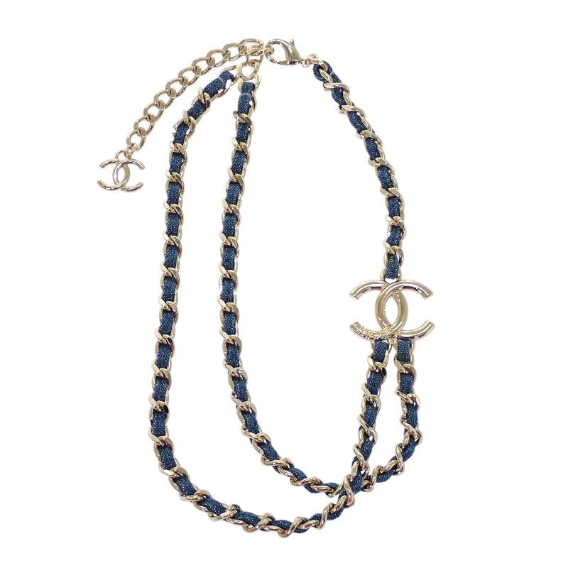 Chanel CC Denim Chain Necklace Metal Gold Blue CC Logo — view 4