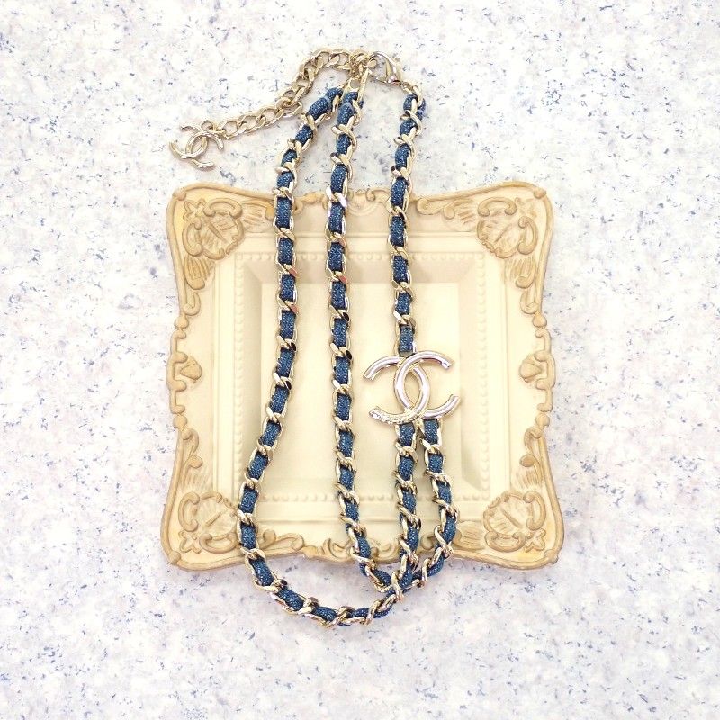 Chanel CC Denim Chain Necklace Metal Gold Blue CC Logo
