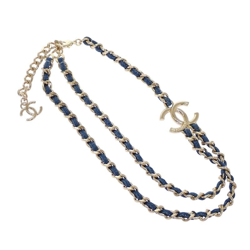 Chanel CC Denim Chain Necklace Metal Gold Blue CC Logo — view 6