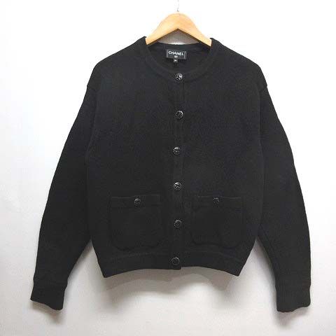 Chanel Coco Button Knit Cardigan 34 Black Wool Silk