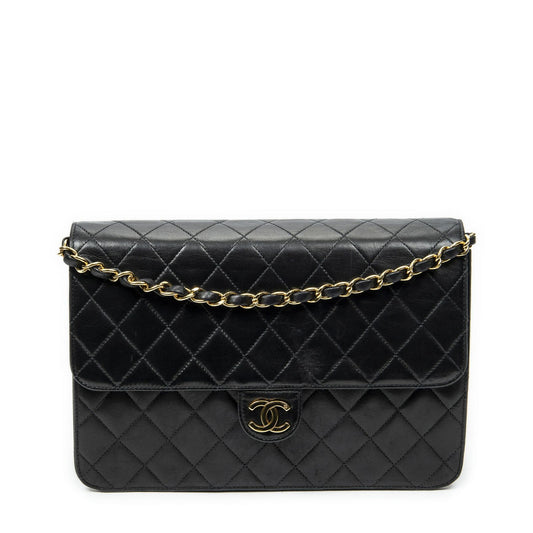 Chanel Vintage Push Lock Straight Flap Black Quilted Lambskin Leather