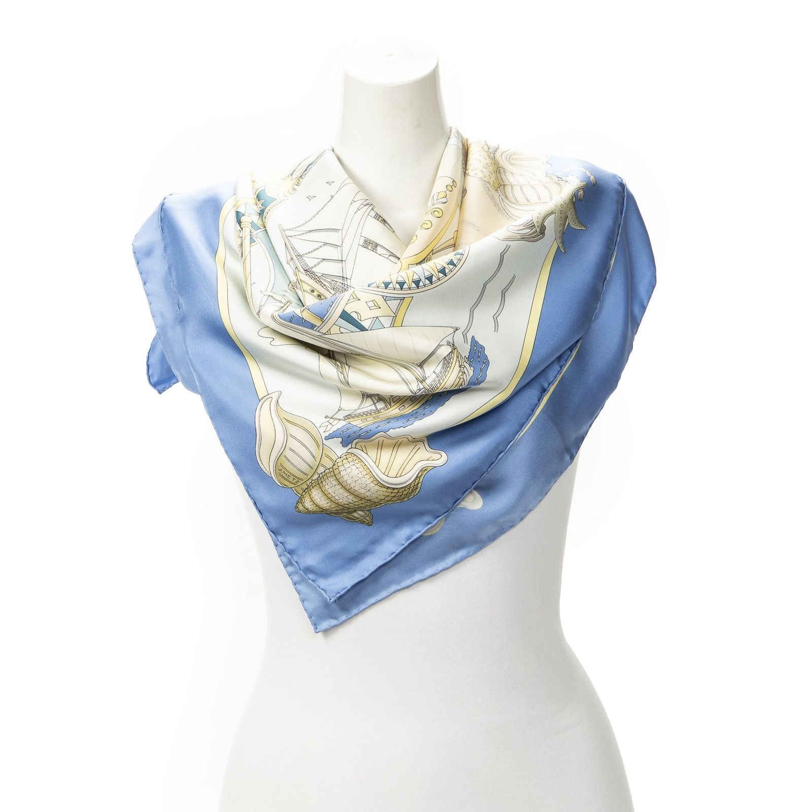 Hermes Scarf Blue Yellow Beige Silk