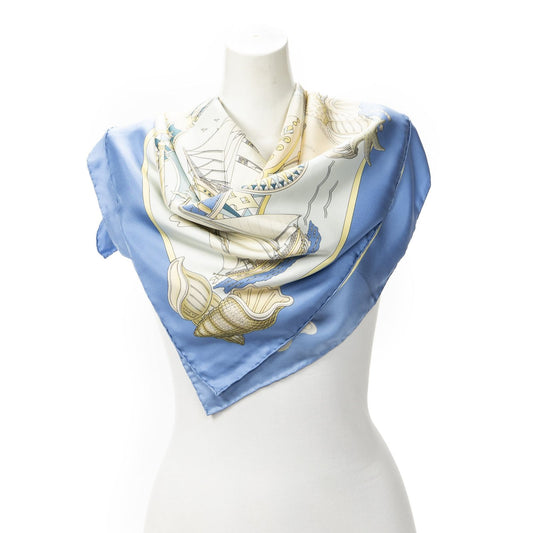 Hermes Scarf Blue Yellow Beige Silk