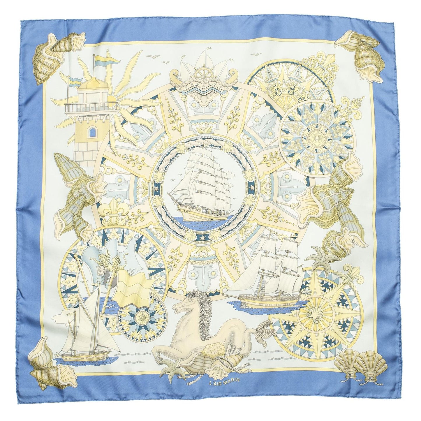 Hermes Scarf Blue Yellow Beige Silk — view 2