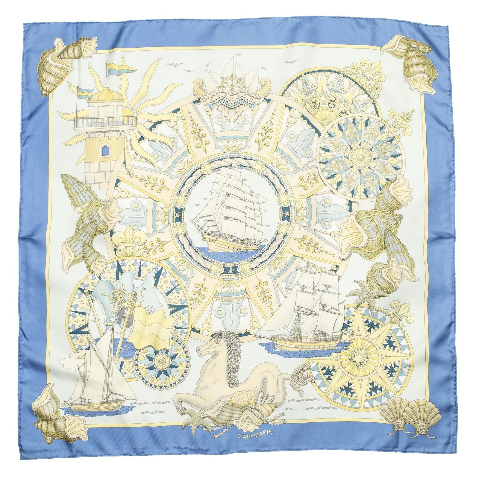Hermes Scarf Blue Yellow Beige Silk — view 2