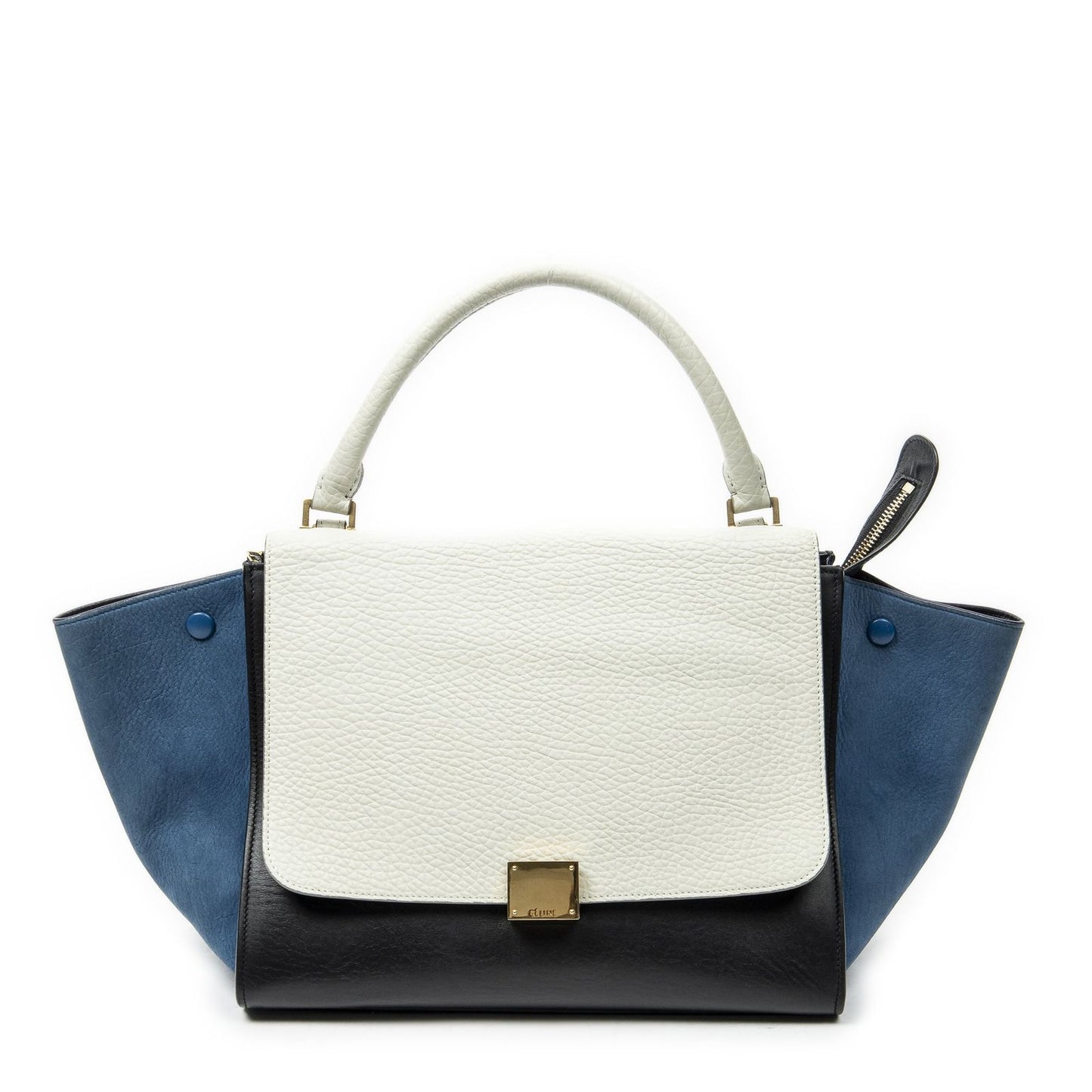 Celine Tricolor Trapeze Black Ivory Blue Calfskin Leather Messenger Bag