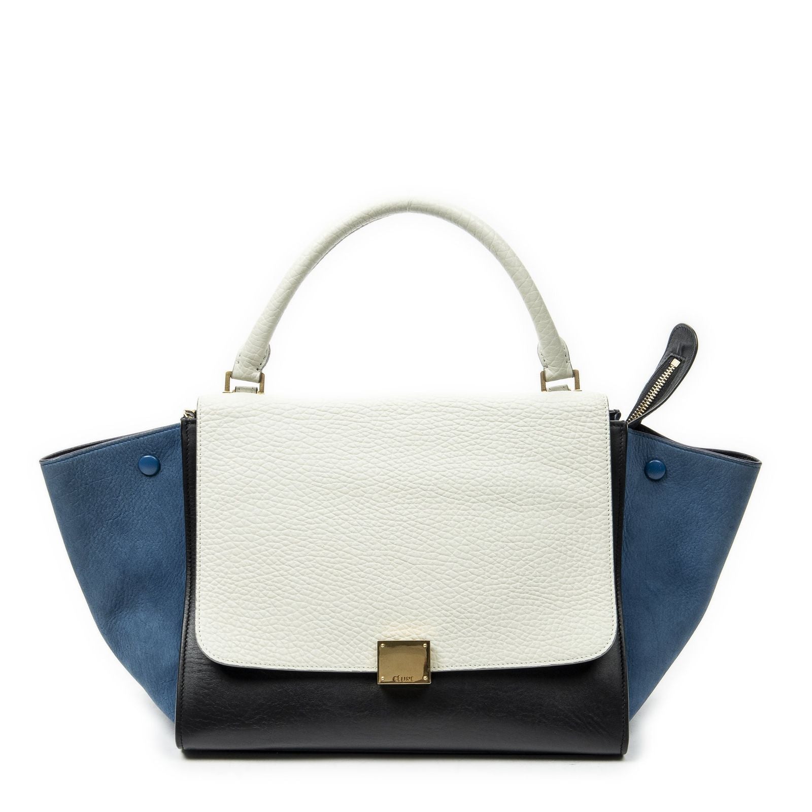 Celine Tricolor Trapeze Black Ivory Blue Calfskin Leather Messenger Bag