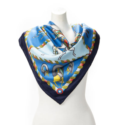 Hermes Scarf Blue Red 100% Gold Twill Silk
