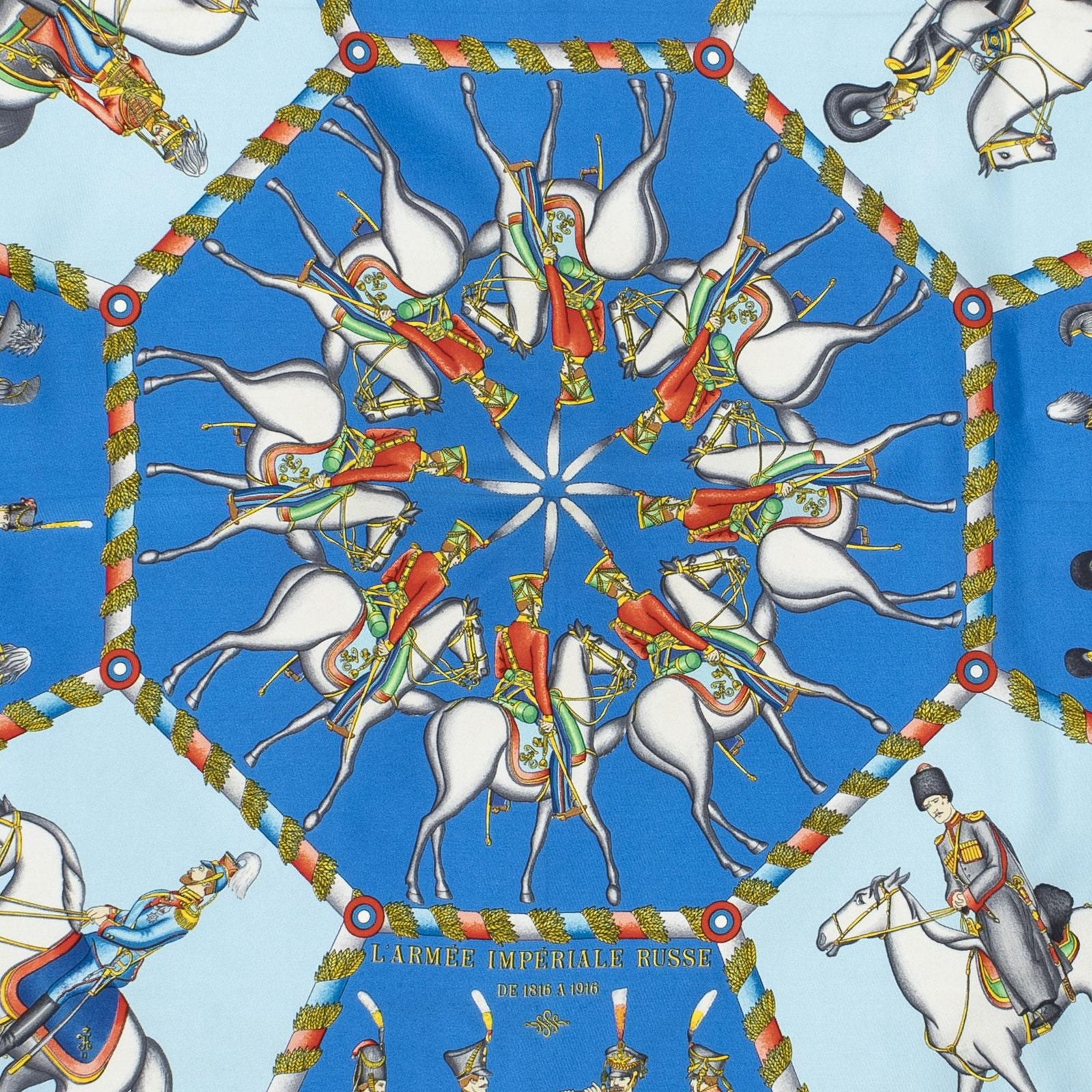 Hermes Scarf Blue Red 100% Gold Twill Silk — view 3