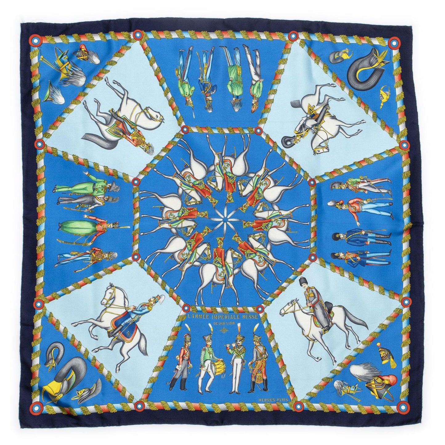 Hermes Scarf Blue Red 100% Gold Twill Silk — view 2