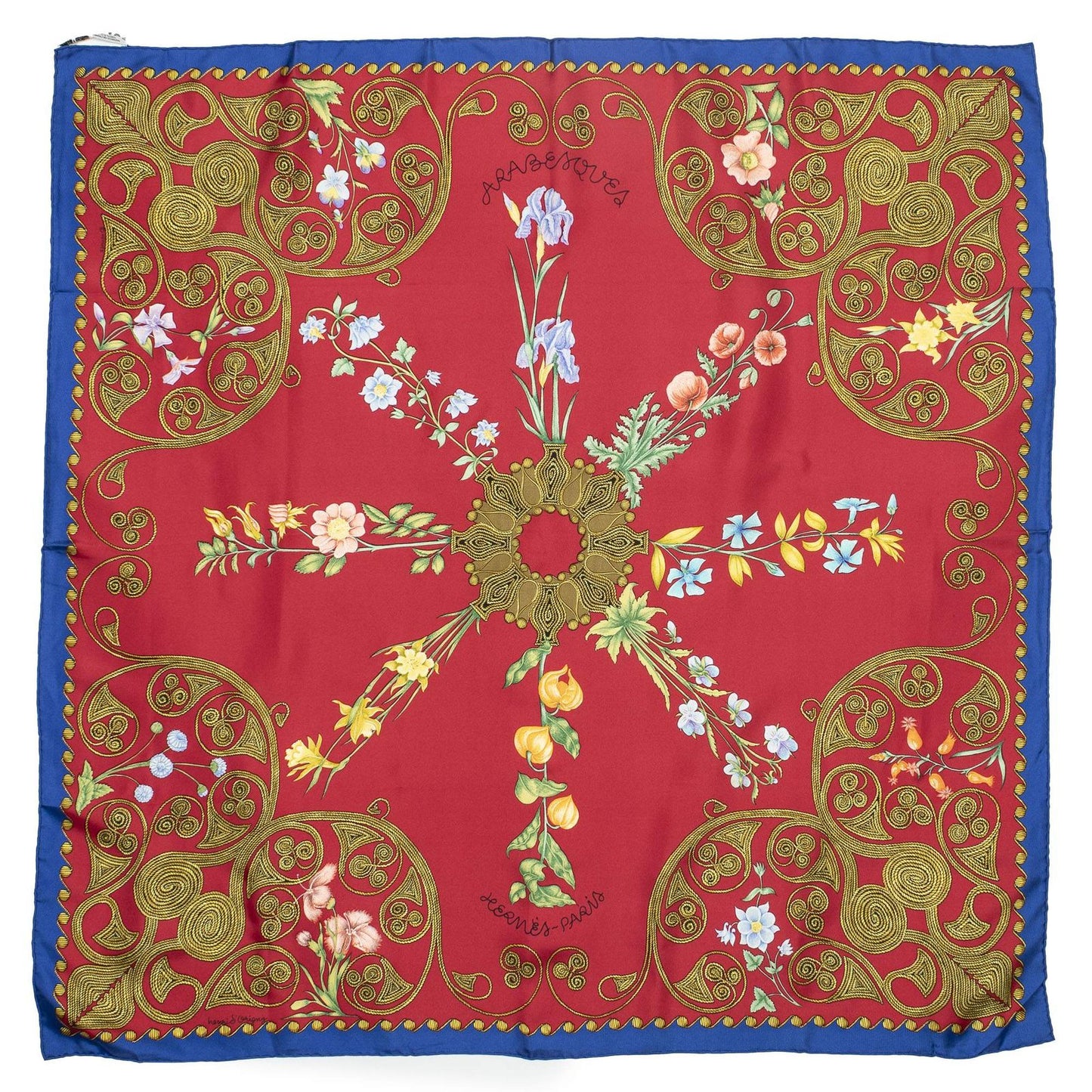 Hermes Scarf Red Blue 100% Gold Twill Silk — view 2
