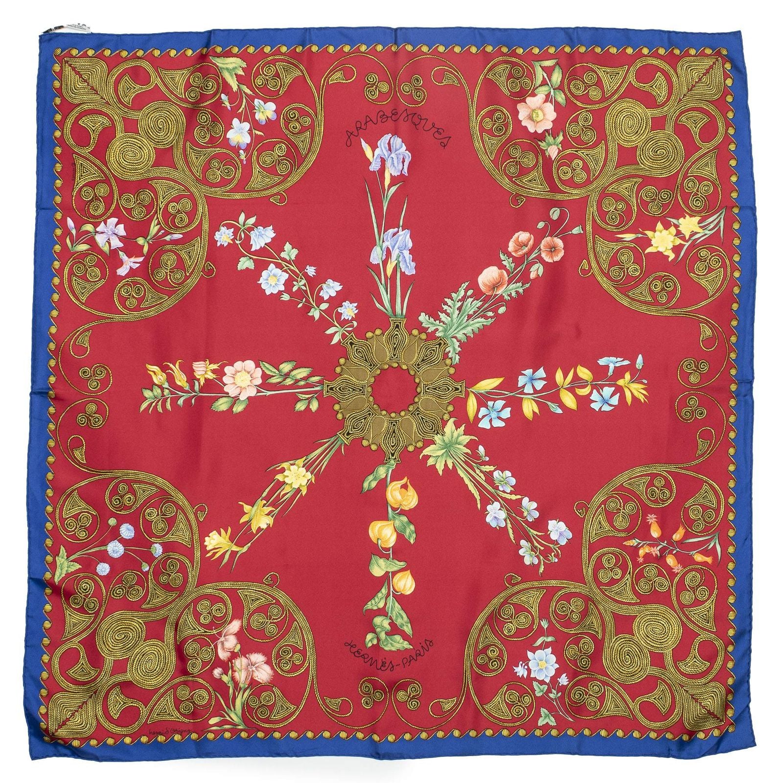Hermes Scarf Red Blue 100% Gold Twill Silk — view 2