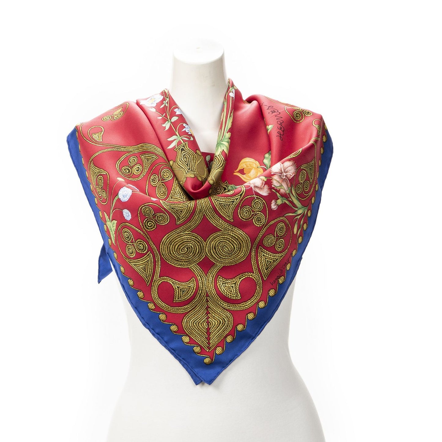 Hermes Scarf Red Blue 100% Gold Twill Silk