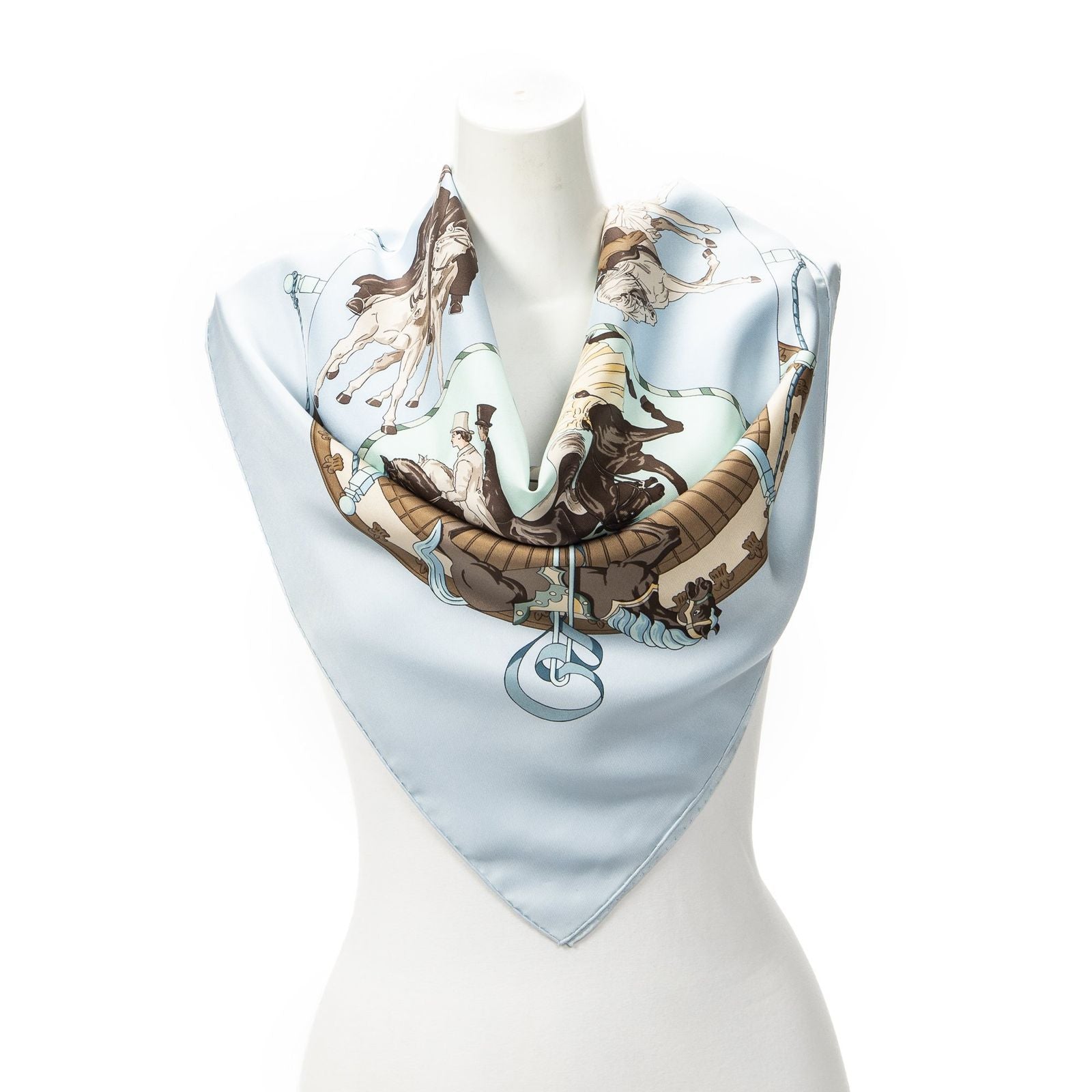 Hermes Scarf Light Blue Brown Light Green Silk