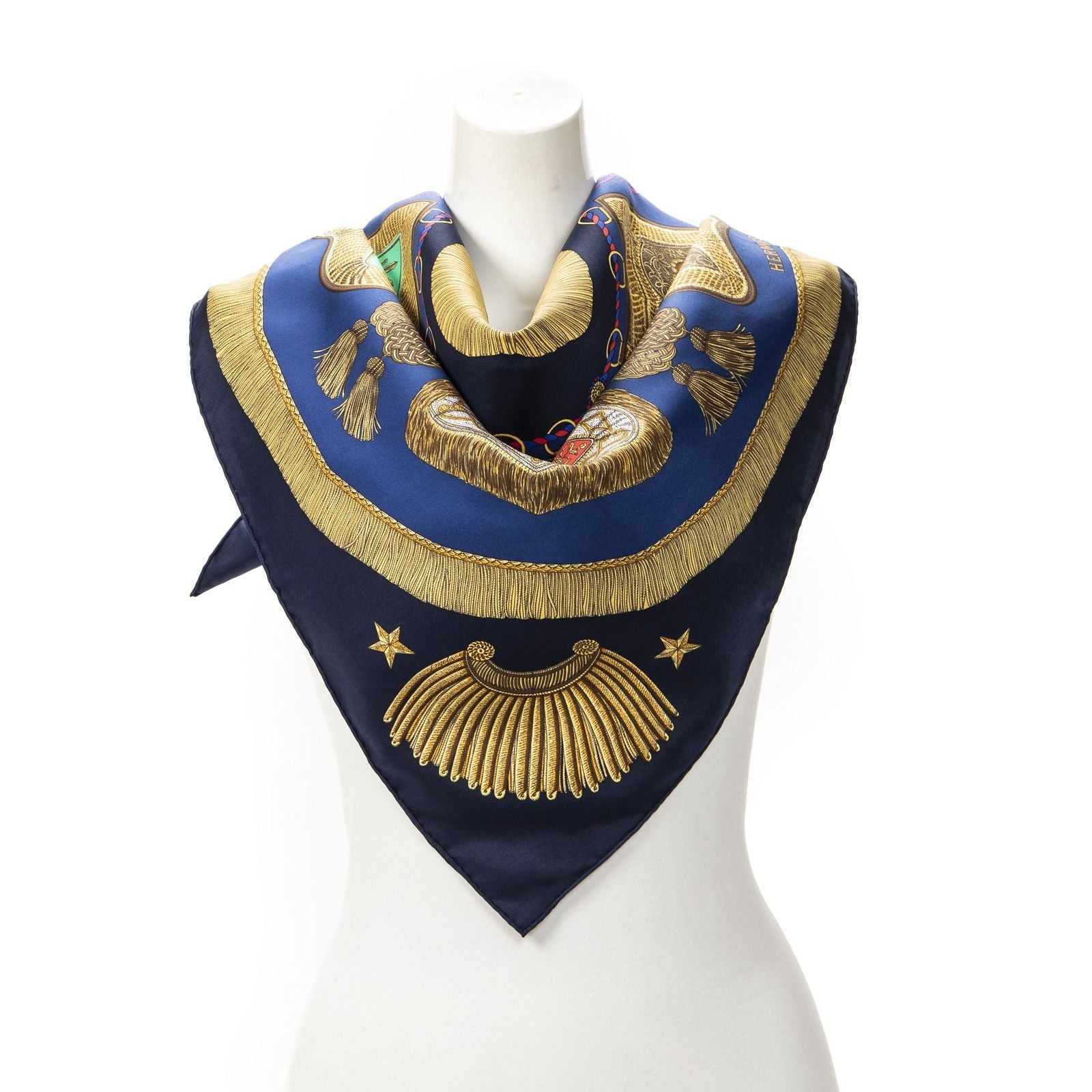 Hermes Scarf Navy Green 100% Gold Twill Silk