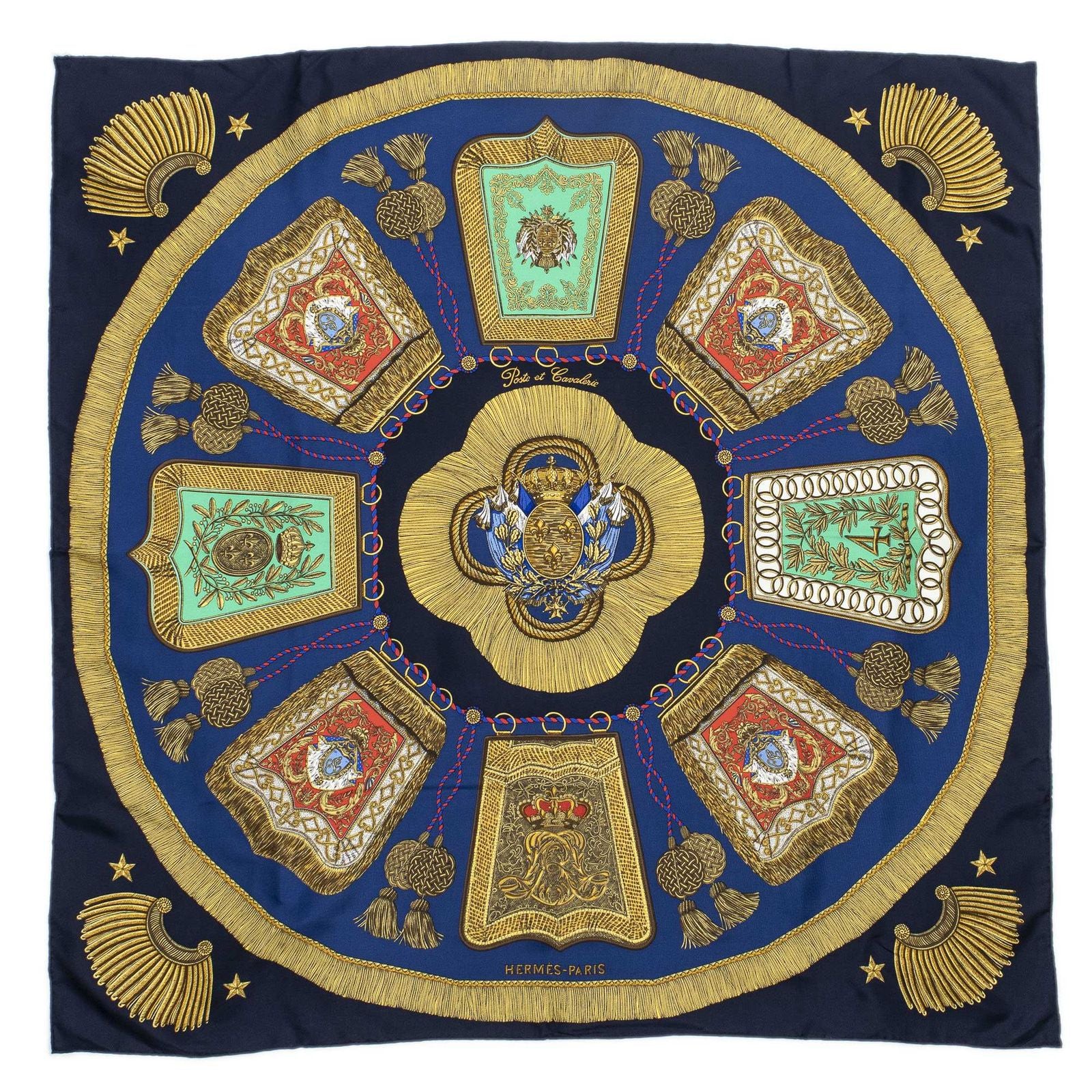 Hermes Scarf Navy Green 100% Gold Twill Silk — view 2